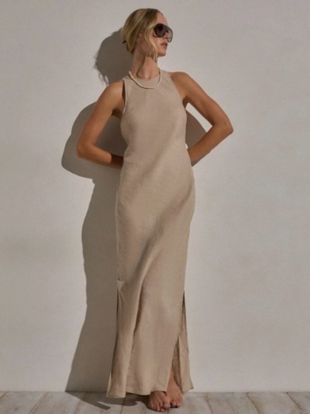 James Perse Los Angeles Linen Halter Maxi Dress Sleeveless Beige XS-0 290230